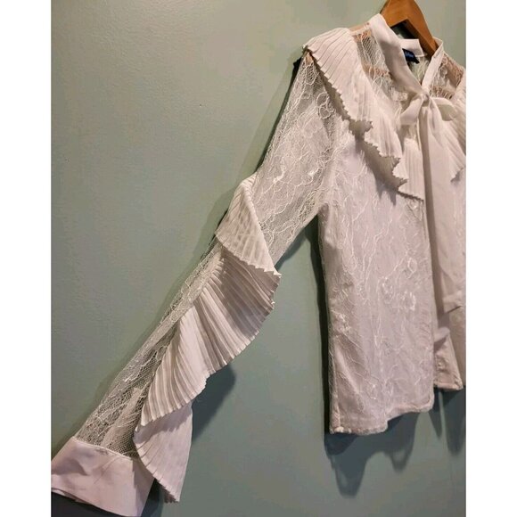 New White Chiffon Lace Ruffle Bow Neck Artsy Western Button Up Top Sz M - Picture 3 of 10